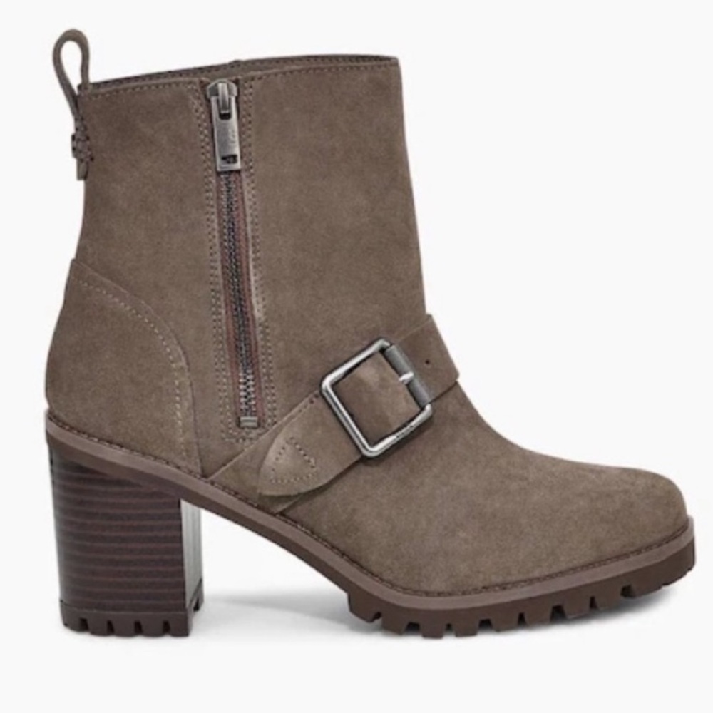 UGG taupe/grey lug sole suede moto boot